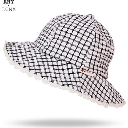 Foldable Spring Summer Lace Baby Boys Girls Outdoor Bucket Hat Cute Plaid Panama hats Kids Sun Protection Hat Fisherman Cap
