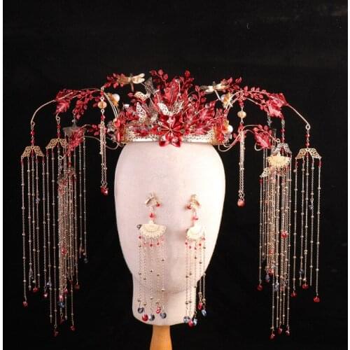 Chinese Brides Wedding Tiara Headdress Ancient Costume Red Phoenix Hair Crown Antique Wedding Decoration
