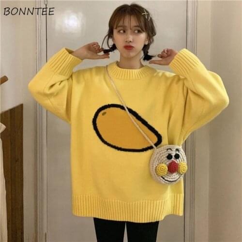 Sweaters Women Loose Sweet Kawaii Leisure Student O-Neck Print Stylish Daily Knitting Female Pullovers All-match Ulzzang Autumn