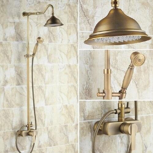 Vintage Retro Antique Brass Single Handle Bathroom 8.2 Inch Round Rain Shower Faucet Set Bath Mixer Tap Hand Shower mrs201