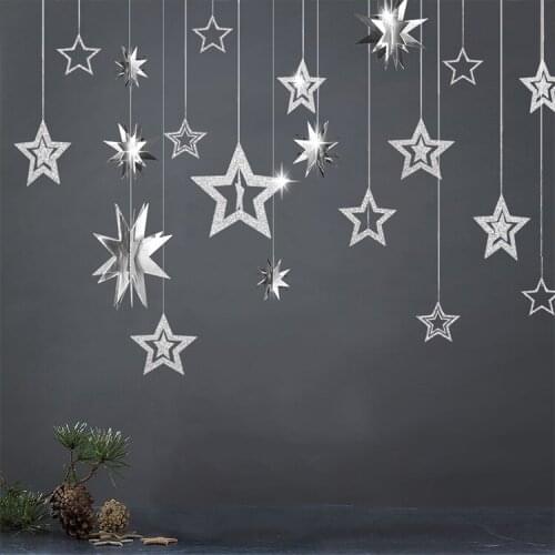 Bright Hollow Silver Star Party Decoration Pendant Ornaments Christmas Tree Twinkle Paper Star Hanging Birthday Party Supplies