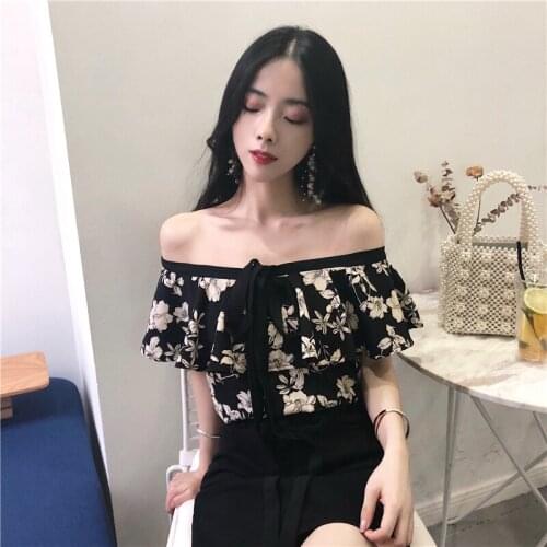 2021 New Fashion Summer Floral Off Shoulder Halter Chiffon T Shirts Women Sexy Slash Neck Floral Print Tees Female Print Tops