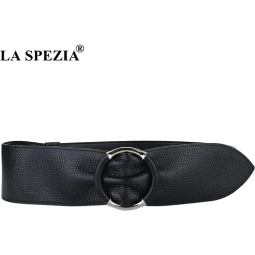 LA SPEZIA Genuine Leather Women Belt First Layer Cowskin Wide Waist Belt Solid Brown Ladies Belt for Dress Fashion Accessories