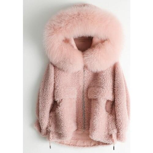 Female Coat Real Fur Winter Natural Fox Fur Hooded Jacket Women Clothes 2020 Korean Sheep Shearing Coats Pink Wool Fur Tops 968