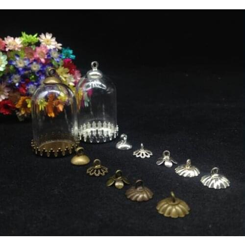 5sets/lot 30*20 tube bell jar shape glass globe crown base beads cap glass vial pendant glass bottle cover necklace accessories