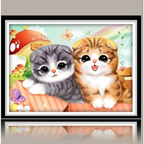Diamond Painting New Full Diamond Cartoon Two Kittens Diamond Embroidery Cross Stitch Dot Stickers Bedroom Living Room
