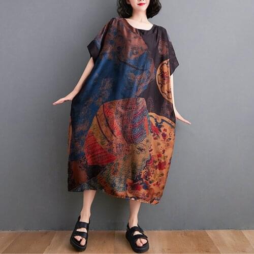 Large Size Loose Thin Women Dress 2021 Summer Ethnic Style Retro Printed Long Dress Robe Female Vintage Plus Size Dress 5XL 6XL