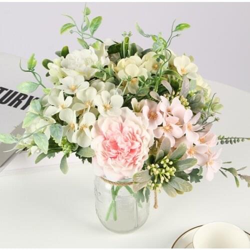 Silk Rose Bouquet Artificial Flowers DIY Pink Hydrangea Peony Plastic Fake Flowers Home Wedding Decoration Table Centerpieces