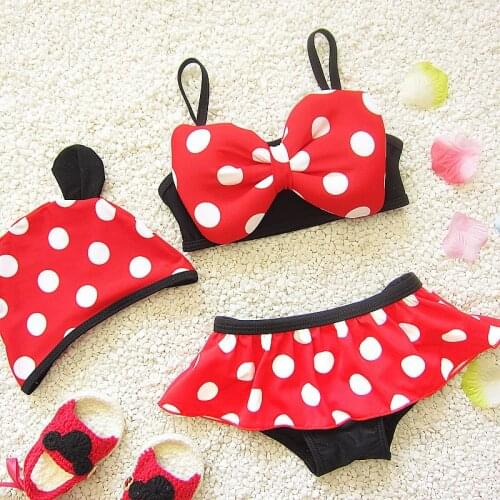 Baby Girl Swimwear Cartoon Swimsuit Clothes Set Bikini with Swimming Cap Polka Dot Top +Skirt +Hat 3PCS Summer Kids Swimsuit