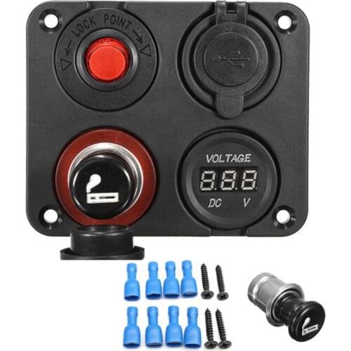 4 Hole Multifunctional Panel Base & Dual USB Socket & Voltmeter Meter & Mental Power Socket with Cigarette Lighter & ON-OFF
