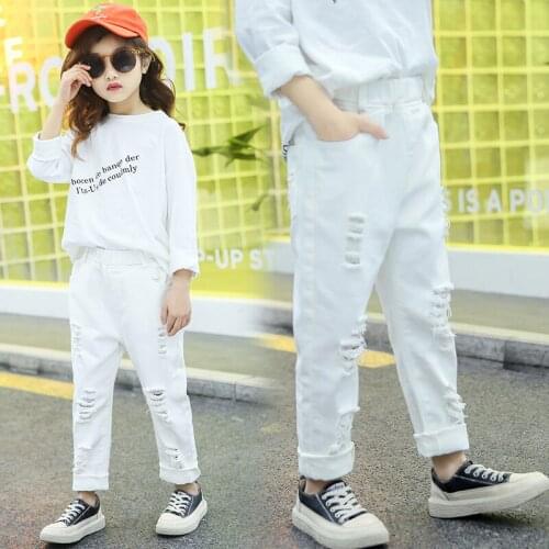 Fashion Children Denim Hole Pants Solid Color White Ripped Jeans for Kids Toddler Spring Jeans Trousers Summer Cotton Clothes