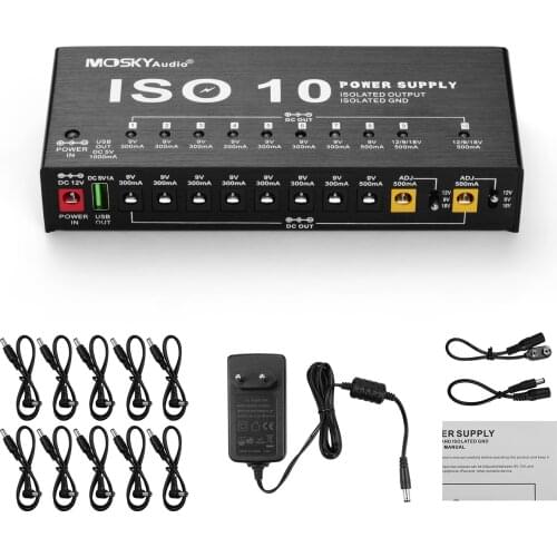 MOSKY ISO-10 Guitar Effect Pedal Power Supply Station 10 Isolated DC Outputs & One 5V USB Output for 9V 12V 18V Guitar Pedal