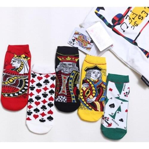 Playing Card Socks Women Cotton Funny Cartoon Short Ankle Socks Pack Girls Harajuku Sock Set Woman Soks Streetwear 5 Pairs 1 Lot