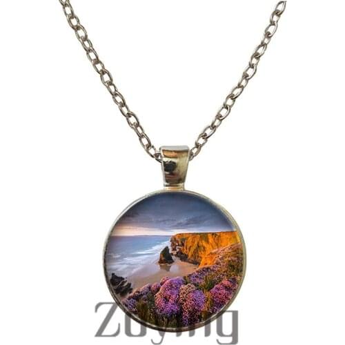 Zdying Beautiful landscape Scenery Beach mountain sun tree Necklaces Pendant Glass cabochon Photo Dome Charm Chain Necklace SL14