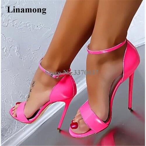 Linamong Super Fashion Open Toe One Strap Stiletto Thin Heel Sandals Patent Leather Pink Red Blue Ankle Strap High Heel Sandals