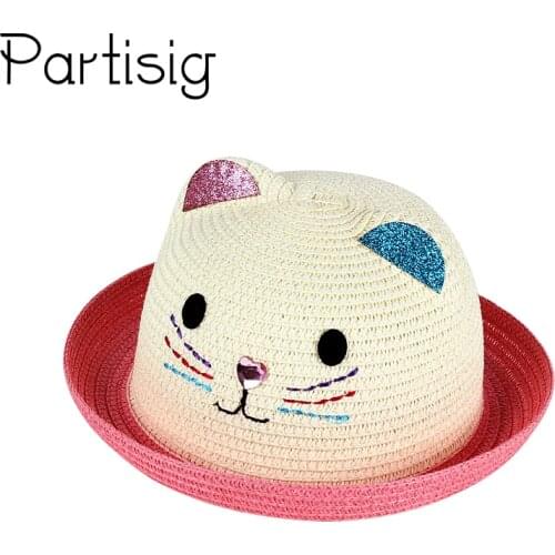 Childrens Hat Summer Girls Panama Hat Cartoon Kitty Straw Cap For Boys Baby Sun Hip Hop Hats Caps