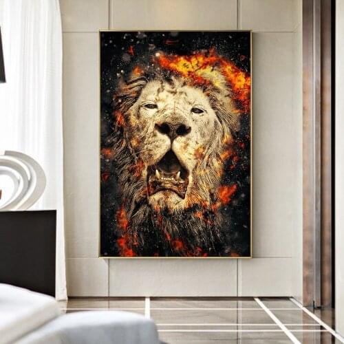 Modern Posters Wall Art Painting Animal Art Canvas Prints Wall Lion Head with Fire Picture for Living Room Decoration Cuadros