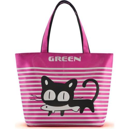 Cute Cat Mummy Bag Cartoon Shopping Bags for Women Kids Oxford Lunch tote with Zipper Cooler Lunch Box Insulation Stripe Handbag