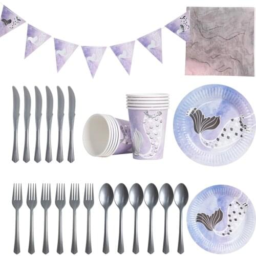 Mermaid Birthday Party Decorations Kids Girl Disposable Tableware Knife Fork Plate Napkin Party Supplies 1st Birthday Boy Decor
