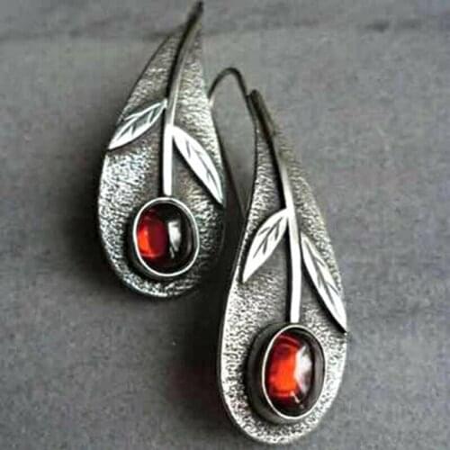 Vintage Ethnic Flower Leaf Dangle Earrings for Women Red Stone Ancient Silver Color Waterdrop Earring Boho Party Jewelry Gift