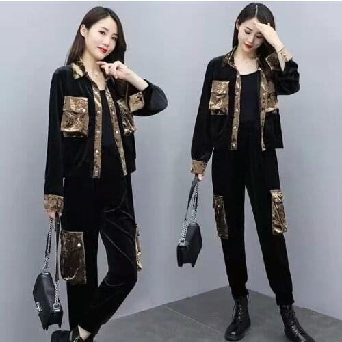 Spring Fall Velvet Tracksuit Women Costume Set Long Sleeve Top Jacket +Pencil Pants Velour Women Sporting Suit Big Pockets M-3XL
