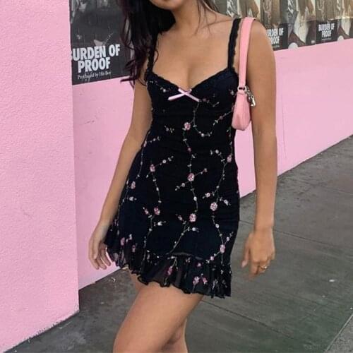 E-girl Vintage Floral Embroidery Mesh Black Dress Pastel Goth Y2K Ruffles V-neck A-line Cami Dresses Fairy Outfits Cute