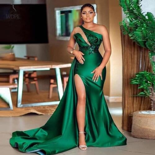 Green One Shoulder Side Slit Mermaid Evening Dresses Long Sexy Women Party Night Event Gowns Elegant Sweep Train Prom Dress
