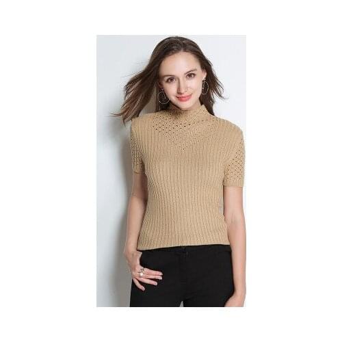 2019 Spring and Summer New Hollow Short-Sleeved Woman Half High Round Neck Pullover Fashion Slim Knitted Shirt