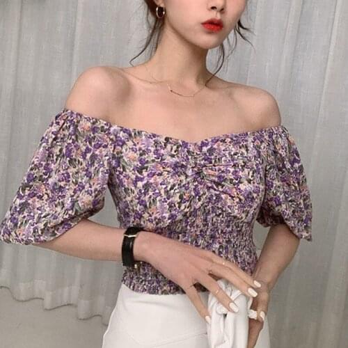 Off Shoulder Women Spring Summer Style Chiffon Blouses Shirts Lady Casual Short Lantern Sleeve Square Collar Blusas Tops ZZ0199
