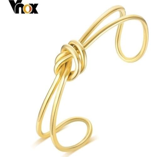 Vnox Chic Knot Bangle for Women Cuff Bracelets Elegant Gold Tone Stainless Steel Female Party Office Ornaments