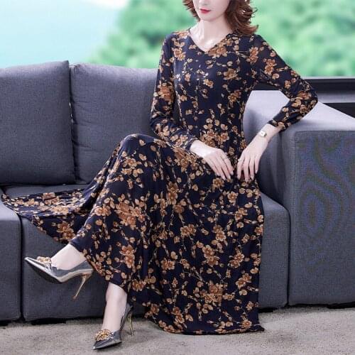 Long Sleeve Dress Vintage Printed Floral 2021 Woman Autumn New V-Neck Big Swing Dresses L XL XXL 3XL 4XL5XL