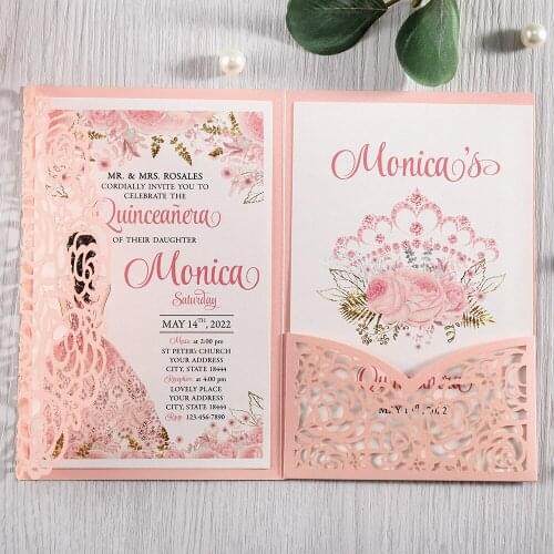 100pcs Pink Laser Cut Hollow Rose Wedding Invitations Cards with Pearlized Pockets and Envelopes for Wedding Bridal Shower