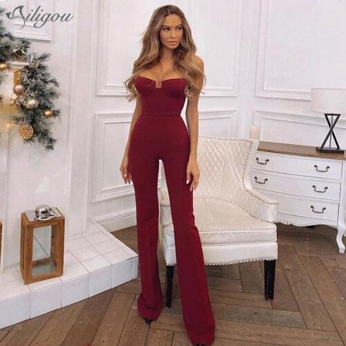 Ailigou Bandage Jumpsuit 2021 Wine Red Black Spaghetti Jumpsuit High Quality Womens Summer Sexy Club Celebrity Party Jumpsuit