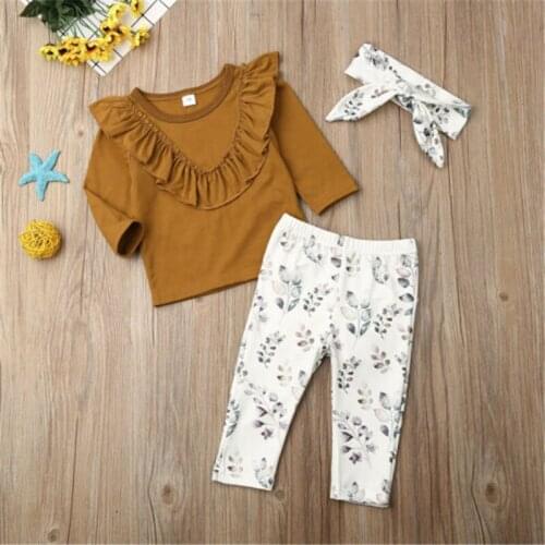 Toddler Baby Girls Kids clothes solid long sleeve round neck Ruffle pullover Tops Flower print Pants bow Headband 3pc outfits