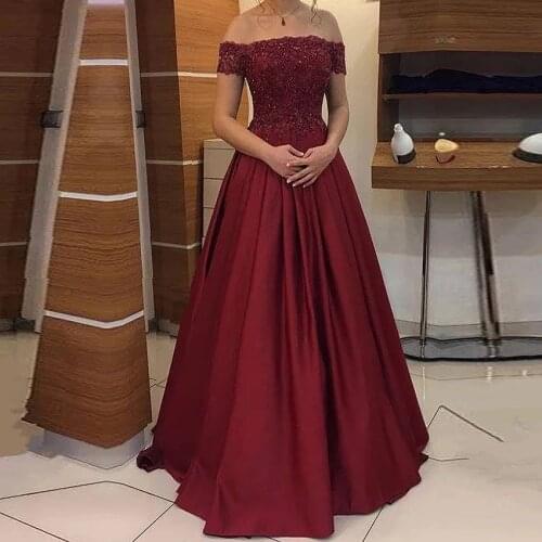 Elegant Burgundy Off The Shoulder Evening Dresses Boat Neck Party Prom Gowns Long A-line Wedding Guest Cocktail Dress Satin 2021