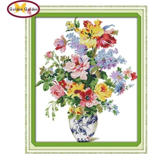 GG Flowers Blooming Flower Style Joy Sunday Needlework Embroidery Sets Handmade Craft Stamped Cross Stitch Kits for Home Decor
