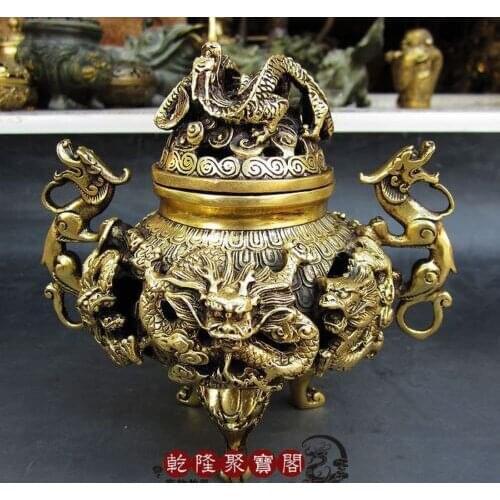 Fine Antique Fengshui Brass Nine Dragons Incense Burner Statue old Qianlong Mark