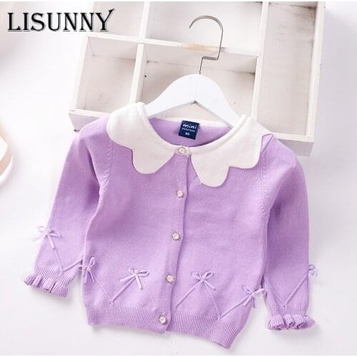 Girl Cardigan Sweater Autumn Winter 2021 Lolita Style Bow Beaded Infants Children Cotton Knitwear Baby Kids Coat Toddler Clothes