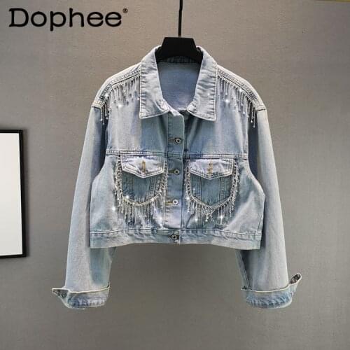 Short Denim Jacket Women Coats Trendy Spring Autumn New European Loose Slimming Rhinestone Tassel Tops Female Crop Jean Jacket