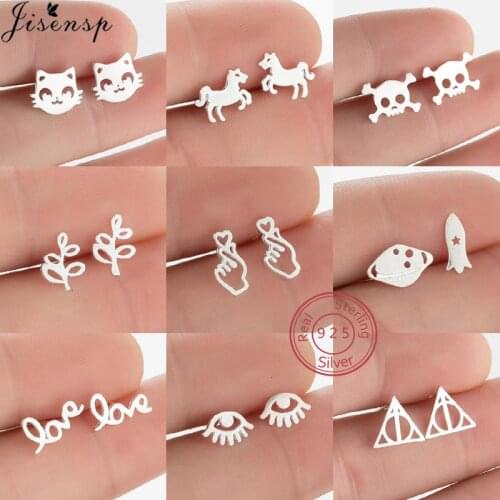 Minimalist 100% 925 Sterling Silver Earrings Small Cat Horse Leaf Love Skull Stud Earrings for Women Kids Everyday Jewelry Gifts