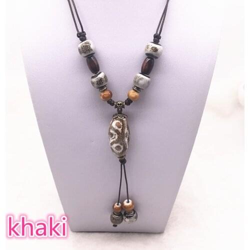 Fashion Ethnic Jewelry Traditional Handmade Ornaments Weave Wax Rope Ceramics Necklace Ceramics Beads Pendant Long Necklace #03