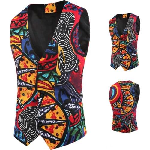 Mens Fashion Colorful Print Blazer Vests Casual Single Breasted V-neck Fashion Male National Style Casual Vests M-3XL