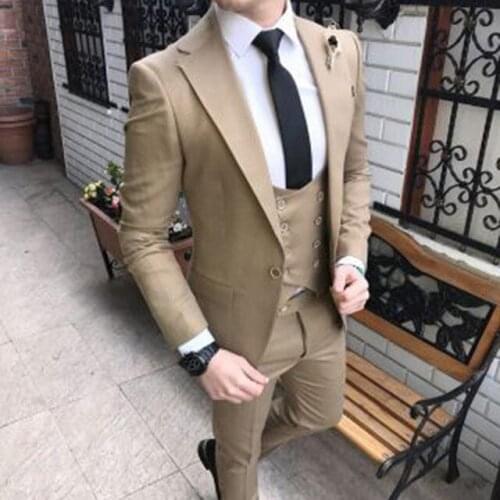 Khaki Suit Mens Wedding Suits 2020 Custom Made Slim Fit Male Suit Business Party Suit Groom Prom Tuxedos 3 Piece Set