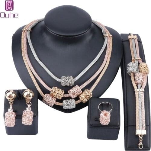 African Beads Jewelry Sets Bridal Charm Three Tone Layered Necklace Earring Ring Bracelet For Women Wedding Party Jewellery Set