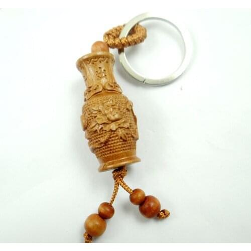Natural mahogany three-dimensional engraving vase wood keychain Buddha key ring jewelry gift for men and women 1pc