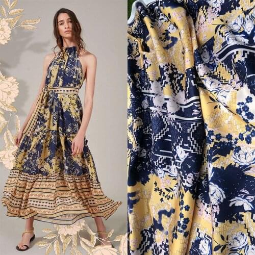 Satin Printed Spring and Summer New European and American Brand Fairy Printed Blue Plaid Clothes Clothing Skirt Shirt Fabric