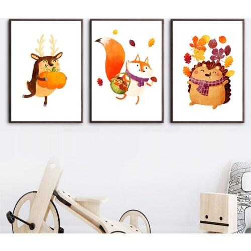 Deer Hedgehog Bear Fox Rabbit Pine Cone Leaves Wall Art Canvas Painting Nordic Posters And Prints Wall Pictures Kids Room Decor