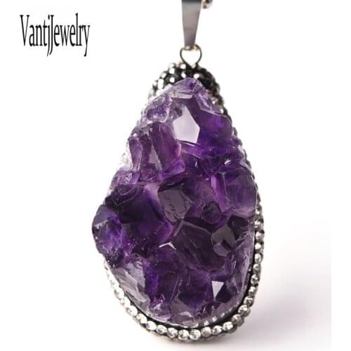 Natural Amethyst Crusters Pendant Necklace Fine Jewelry for Woman Lady Wedding Party Birthday Gift Leather Chain Included