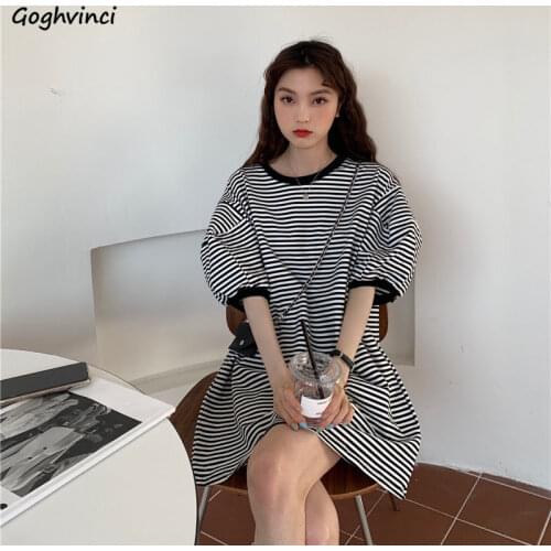 Dress Women Puff Sleeve Casual Fashion A-line Cool Sundress Students Ulzzang Chic Striped O-neck Stylish Soft Loose New Vestido