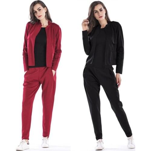 Casual running sports suit 2-piece set autumn and winter new womens retro fashion solid color long-sleeved jacket suit female t